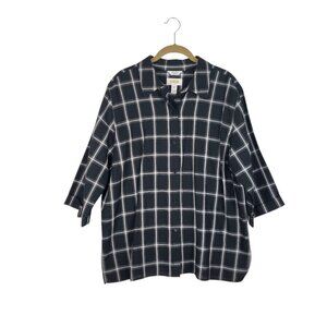 Talbots Irish Linen Blend Button Up Shirt Black White Plaid 3/4 Sleeve Size 14W